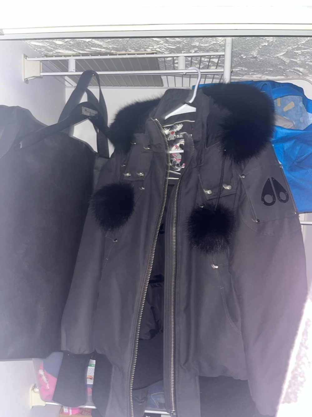 Black moose knuckle Fur-Trim Jacket with Pom Poms